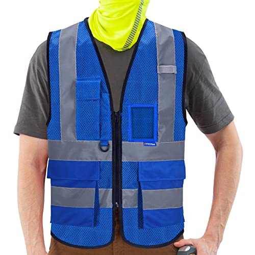 AYKRM Sicherheitsweste Blau Warnweste Reflektierendes WarnschutzWeste mit Reflektorstreifen mit Reißverschluss und Taschen Arbeitsweste netzgewebe von AYKRM