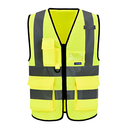 AYKRM Sicherheitsweste Gelb Warnweste Reflektierendes WarnschutzWeste Warnweste mit Reflektorstreifen mit Reißverschluss und Taschen Arbeitsweste von AYKRM