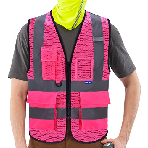 AYKRM Sicherheitsweste Rosa Warnweste mit Reflektorstreifen mit Reißverschluss und Taschen Arbeitsweste netzgewebe von AYKRM