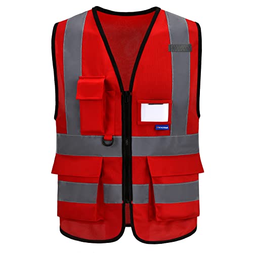 AYKRM Sicherheitsweste Rot Warnweste Reflektierendes WarnschutzWeste Warnweste mit Reflektorstreifen mit Reißverschluss und Taschen Arbeitsweste von AYKRM