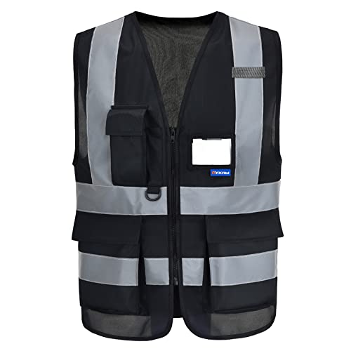 AYKRM Sicherheitsweste Warnweste Reflektierendes Schwarz WarnschutzWeste Warnweste mit Reflektorstreifen mit Reißverschluss und Taschen Arbeitsweste von AYKRM