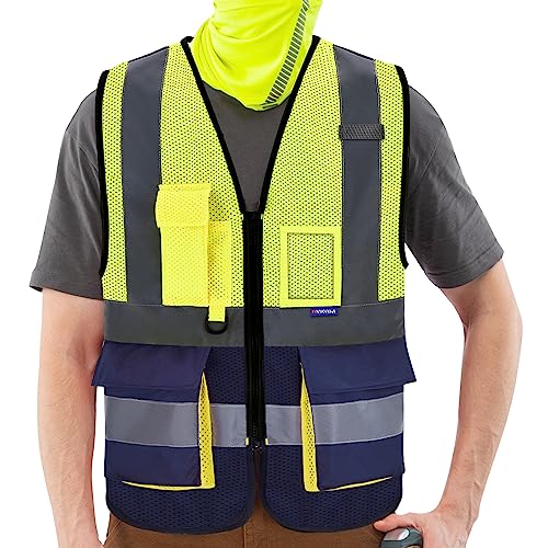 AYKRM Sicherheitsweste Warnweste Reflektierendes WarnschutzWeste Warnweste mit Reflektorstreifen mit Reißverschluss und Taschen Arbeitsweste netzgewebe von AYKRM