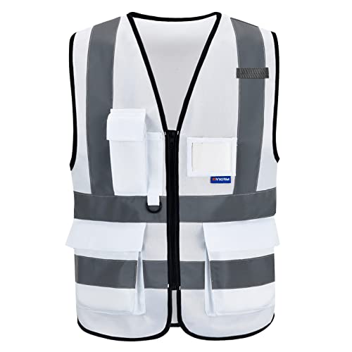 AYKRM Sicherheitsweste Weiß Warnweste mit Reflektorstreifen mit Reißverschluss und Taschen Arbeitsweste von AYKRM