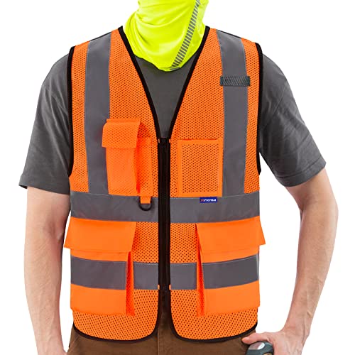 AYKRM Sicherheitsweste netzgewebe orange Warnweste mit Reflektorstreifen mit Reißverschluss und Taschen Arbeitsweste von AYKRM