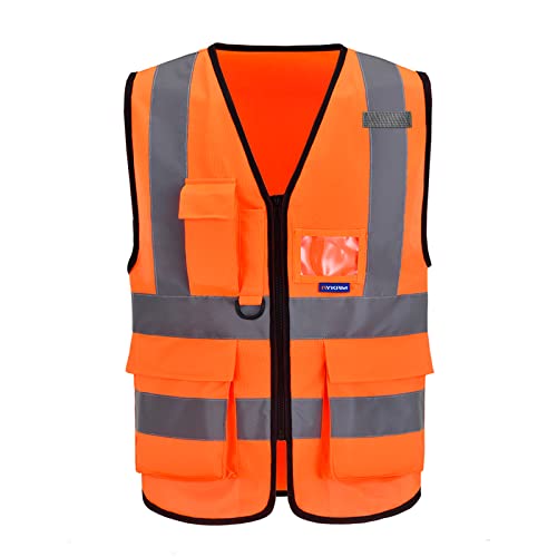 AYKRM Sicherheitsweste orange Warnweste mit Reflektorstreifen mit Reißverschluss und Taschen Arbeitsweste von AYKRM