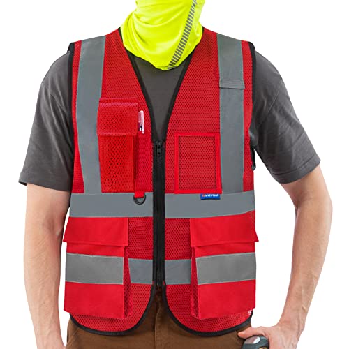 AYKRM Warnweste Rot Sicherheitsweste Reflektierendes WarnschutzWeste Warnweste mit Reflektorstreifen mit Reißverschluss und Taschen Arbeitsweste netzgewebe von AYKRM