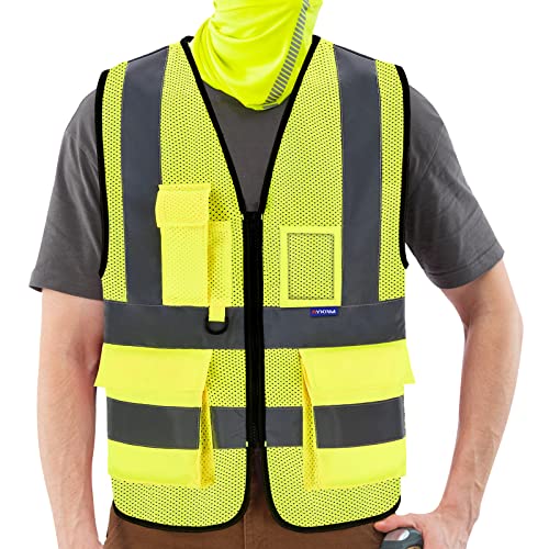 AYKRM netz Warnweste mit Reflektorstreifen mit Reißverschluss und Taschen Arbeitsweste von AYKRM