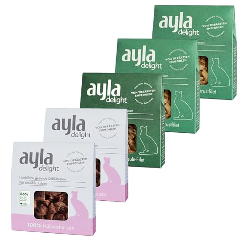 Premium Gefriergetrocknetes Katzenfutter | 5er Bundle Hühner-Mix | 2X Hühnerbrust, 2X Hühnerherzen, 1x Hühnerschenkel | Proteinreich für Fell & Muskulatur | Für Kitten & Erwachsene Katzen | AYLA von AYLA