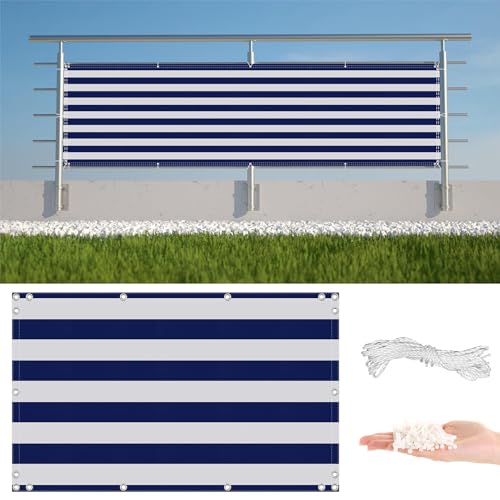 AYLFBFU Balkon Sichtschutz 1.5 x 9m, UV-beständig Wetterfest Windschutz, mit Ösen und Kabelbinder - Balkonabdeckung für Balkongeländer Terrasse, Blau Gestreift von AYLFBFU