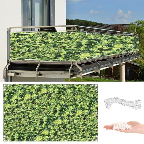 AYLFBFU Balkon Sichtschutz 130x1500cm, Wind-und UV-Schutz, 165g/m² ca. 4mm Dick, Ohne Bohren, mit Montagezubehör - Balkonumspannungen für den Gartenzaun oder Balkon, Grünes Blattmuster von AYLFBFU
