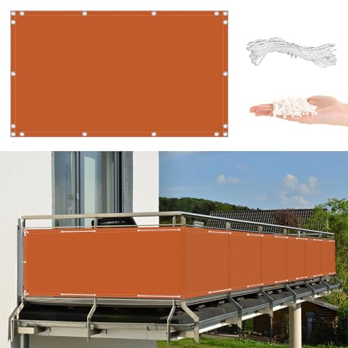 AYLFBFU Sichtschutz Balkon 130x950cm 100% Wasserdichtes Oxford-Stoff,UV-Schutz, Balkonverkleidung für Balkongeländer Terrasse, Ohne Bohren, mit Montagezubehör, Orange von AYLFBFU