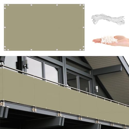 AYLFBFU Balkon Sichtschutz 65x400cm HDPE Wetterfest Blickdichte UV-Schutz, Balkonabdeckung für Terrasse, Hinterhof, Terrasse, Balkon, Ohne Bohren - mit Ösen, Khaki von AYLFBFU