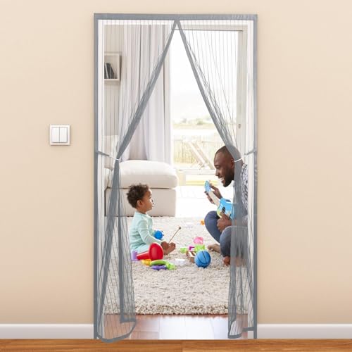 AYLFBFU Magnet Fliegengitter Tür 140x220 cm – Insektenschutz Vorhang mit Magnetverschluss, Ohne Bohren, Selbstklebend, für Balkon, Terrassen oder Haustür, Grau von AYLFBFU