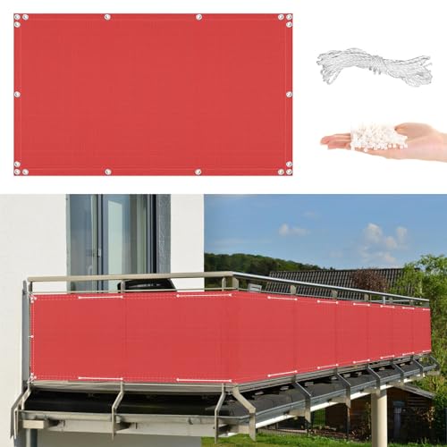 AYLFBFU Sichtschutz Balkon 0.75 x 4m, Windschutz Sonnenschutz und Wetterfest, mit Ösen Kabelbinder und Kordel - Sichtschutz für Garten Sichtschutz, Rot von AYLFBFU