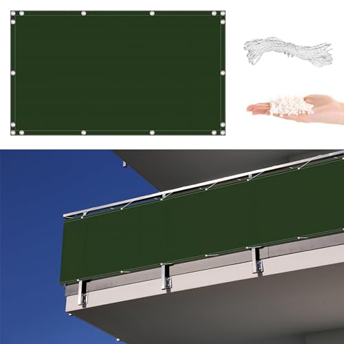 AYLFBFU Balkon Sichtschutz 80x1000cm Wind-und UV-Schutz, 165g/m² ca. 4mm Dick, Seitenbalkonverkleidung für Terrasse Garten Zaun, Ohne Bohren - mit Ösen, Dunkelgrün von AYLFBFU