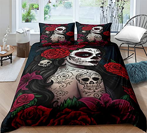 AYMAING Bettwäsche 3D Totenkopf & Rosen Bettbezug Set 155 x 220 cm Bettwäsche Set 3 Teilig Bettbezüge Mikrofaser Bettbezug mit Reißverschluss und 2 Kissenbezug 50x75cm von AYMAING