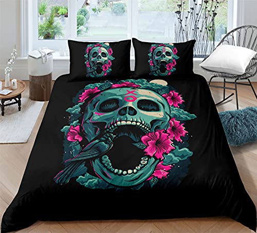 AYMAING Bettwäsche Blume Totenkopf Bettbezug Set 220 x 240 cm 3 Teilig Bettbezüge Mikrofaser Bettbezug mit Reißverschluss und 2 Kissenbezug 80x80cm von AYMAING