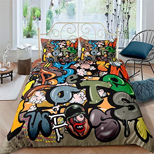 AYMAING Bettwäsche Set Graffiti Mega Coole Bunte Jugendzimmer Bettwäsche New York Street Art Design In Mikrofaser Mit Reißverschluss 135x200 cm + 80x80 cm von AYMAING