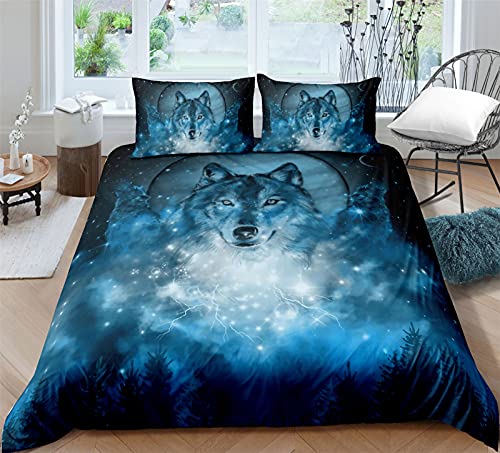 AYMAING Galaxy Wolf Thema Betten Set Kinder 200 x 200 cm + 50x75cm Tier Thema Blau Bettwäsche Set Microfaser Bettbezug mit 2 Kissenbezug 3 teilig Jungen Mädchen von AYMAING