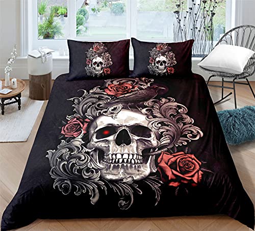 AYMAING Totenkopf & Rosen Bettwäsche Set 200 x 200 cm Schädel Motiv Mikrofaser Kinder Jugendliche mit Reißverschluss Gotisch Motiv Kinder-Bettwäsche-Set - Geschenk-Idee von AYMAING