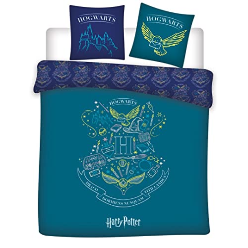 Parure de lit double réversible Harry Potter - Blason -Hogwarts- - Bleue et Vert - 220 cm x 240 cm von Aymax