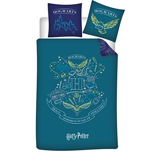Parure de lit réversible Harry Potter - Blason -Hogwarts- - Bleue et Vert - 140 cm x 200 cm von Aymax