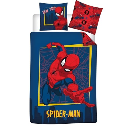 Marvel Spider-Man Bettwäsche 135x200 cm – 2-teiliges Set aus 100% Baumwolle – Spider-Man Design mit Skyline – Kissenbezug 65x65 cm – für Kinder & Superhelden-Fans von Aymax