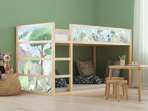 Aufkleber passend für Ikea KURA Bett süße Dinos Dinosaurierset mit Naturlandschaft Spielzimmer Deko Bettaufkleber KB3030 (Sticker-Set 5tlg.) von AYMINOO