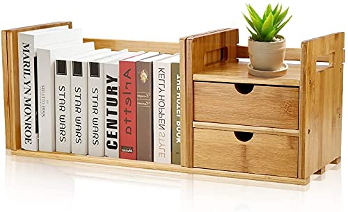Ausziehbarer Regal Schreibtisch Organizer Bambus Holz Bücherregal mit 2 Schubladen Verstellbar Ablage Tischregal Mini Büroregal Klein Aktenregal Desktop Regal, 51-80 x 20 x 18 cm von AYNEFY