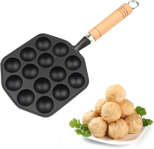 Takoyaki Pfanne Grillpfanne,Poffertjes Pfanne 14 Lcher Takoyaki Grill Pfanne Nonstick Takoyaki Pfanne Gusseisen Oktopus Fleischblle Formenbauer mit abnehmbarem Griff Haus Pfannkuchen Backen von AYNEFY