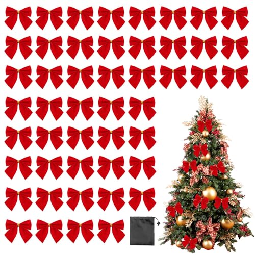 AYNKH 48 Stück rote Schleife mit Aufbewahrungstasche, Weihnachtsbaum-Ornament, funkelnde Kugeln, Weihnachtsgeschenk, Weihnachtsgeschenk, Band für Familienfeier Red Bows-49 von AYNKH