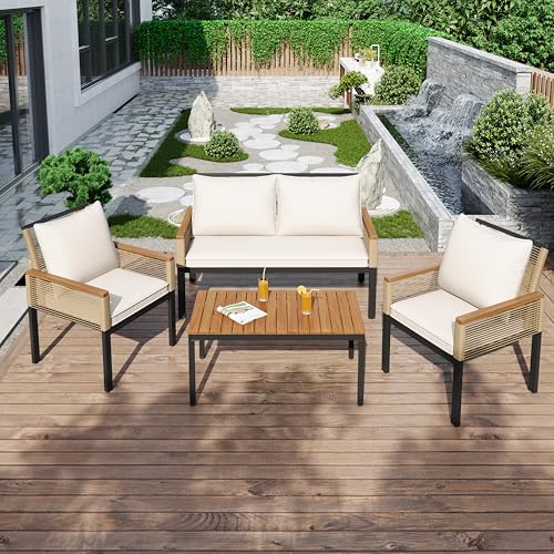 AYOROF Gartenlounge-Set, Gartenmöbel Set mit bequemem Kissen, Doppelsofa,2 Sessel und Tisch, Outdoor, Rattan, Tisch und Stühle (Beige) von AYOROF