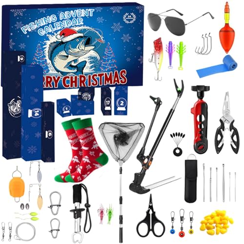 Angeln Adventskalender 24 Adventskalender mit Fischereigeräten mit Zubehör-Set Weihnachts Countdown Kalender (Blue, One Size) von AYOrpeg