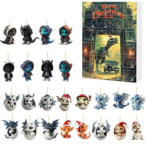 Drachen Adventskalender 2D Flache Acryl Dinosaurier-Weihnachtsbaumanhänger 24 Weihnachts Countdown Kalender Mit Bezaubernden Drachen Babypuppen Niedliche Drachenei Hängeanhänger (C, One Size) von AYOrpeg