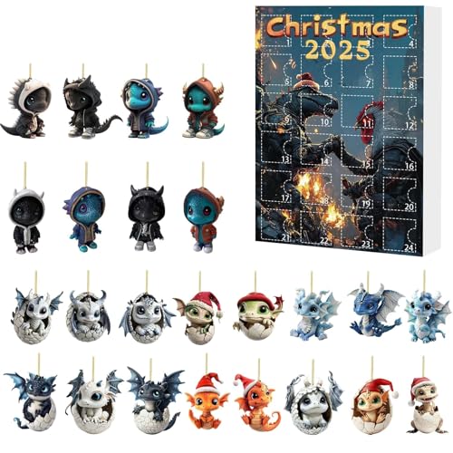 Drachen Adventskalender 2D Flache Acryl Dinosaurier-Weihnachtsbaumanhänger 24 Weihnachts Countdown Kalender Mit Bezaubernden Drachen Babypuppen Niedliche Drachenei Hängeanhänger (D, One Size) von AYOrpeg