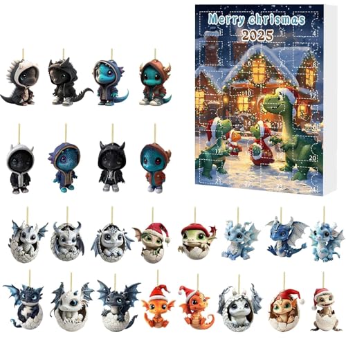 Drachen Adventskalender 2D Flache Acryl Dinosaurier-Weihnachtsbaumanhänger 24 Weihnachts Countdown Kalender Mit Bezaubernden Drachen Babypuppen Niedliche Drachenei Hängeanhänger (One Size) von AYOrpeg