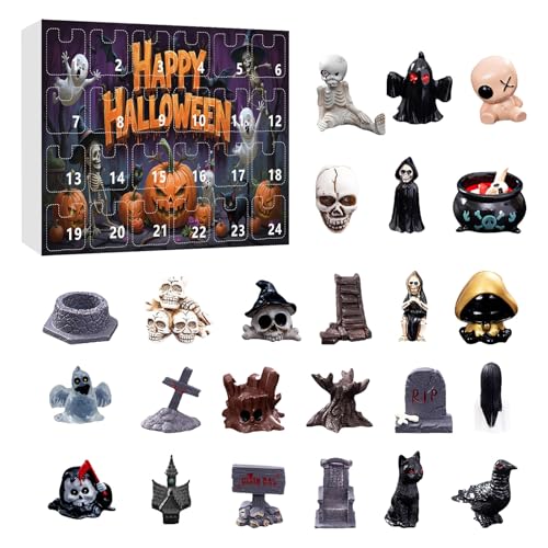Halloween Adventskalender 24 Schädel Mini Figuren Dekorationen Countdown Kalender Adventskalender Harz Figuren Dekorationen (B, One Size) von AYOrpeg