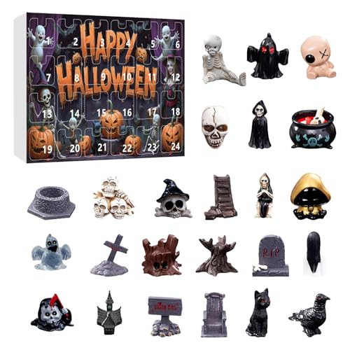 Halloween Adventskalender 24 Schädel Mini Figuren Dekorationen Countdown Kalender Adventskalender Harz Figuren Dekorationen (C, One Size) von AYOrpeg