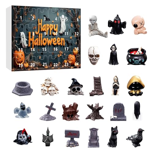 Halloween Adventskalender 24 Schädel Mini Figuren Dekorationen Countdown Kalender Adventskalender Harz Figuren Dekorationen (D, One Size) von AYOrpeg