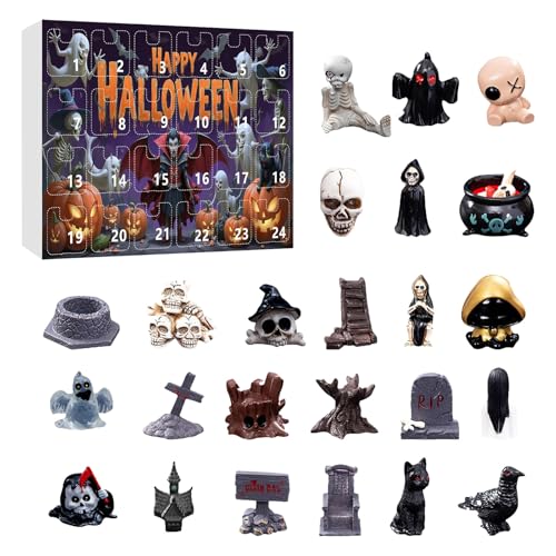 Halloween Adventskalender 24 Schädel Mini Figuren Dekorationen Countdown Kalender Adventskalender Harz Figuren Dekorationen (E, One Size) von AYOrpeg