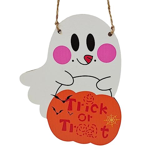 Halloween Türschild Türkranz Deko Willkommenskranz Gespenst Halloween Deko Outdoor Türschild Holz für Haustür Wanddekoration (White-4, One Size) von AYOrpeg