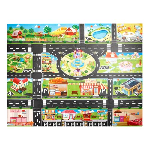 Spielteppich Straße Kinderteppich Spielmatte für Spielzeugautos 130×100 cm Stadtleben Familienspielzeit Spielmatte (Green, One Size) von AYOrpeg