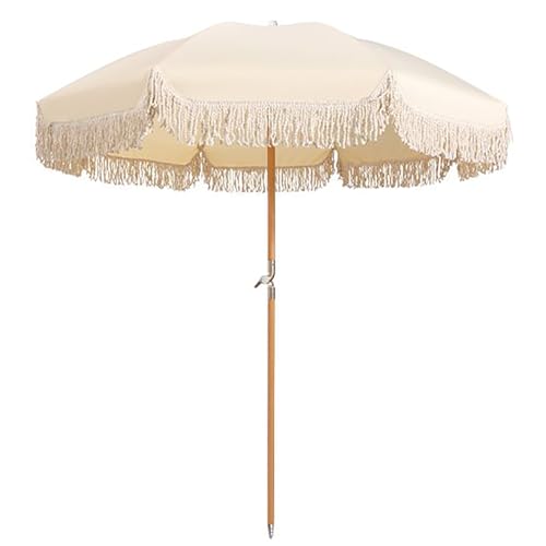 2M Strand Sonnenschirm Mit Fransen, UPF 50+ Quasten-Regenschirme, Zusammenklappbarer Terrassenschirm Mit Tragetasche, Tragbarer Garten Regenschirm Outdoor Sonnenschirm, Für A(Size:1.8m*2m,Color:beige) von AYSMYGS