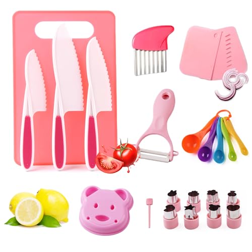 AYSOW Kindermesser 24 teiliges Kinder Küchenmesser Set,Mit Sicheres Schneidebrett,Wellenschneider Holzmesser,und Gemüsemesser,Kinder Geschenk Montessori Messer Kindermesser ab 3 4 5 6jahre von AYSOW