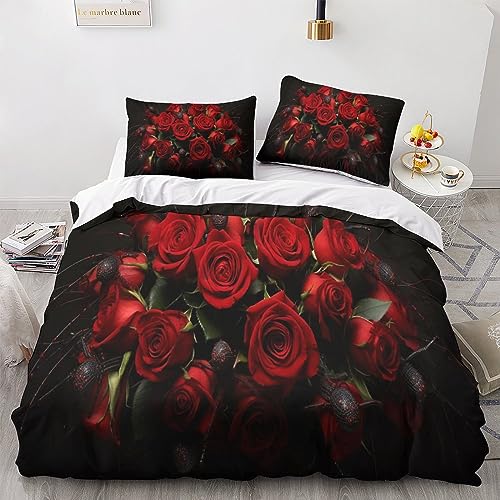 AYSUM 3D Roses Bettdeckenbezug Schlafhilfe Bettwäsche Weichs Steppdeckenbezug Kissenbezug Red Roses Bed Linen Sets Mikrofaser Bettwäschegarnitur Atmungsaktiv Bettbezug Double（200x200cm） von AYSUM