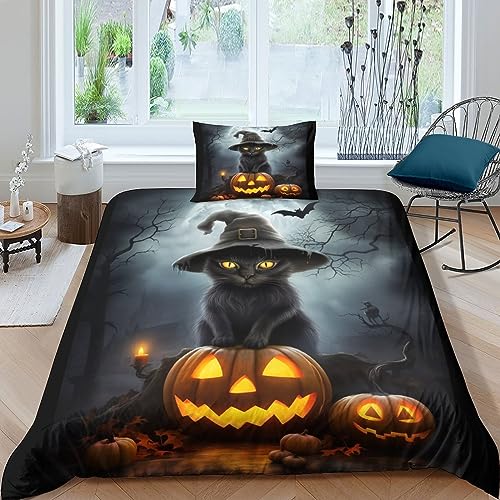 AYSUM Evil Pumpkin Bedding Set Kissenbezug Halloween Bettdeckenbezug Verstecktes Scharnier Bettbezug Atmungsaktiv Duvet Cover Set Baumwolle Steppdeckenbezug Single（135x200cm） von AYSUM