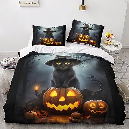 AYSUM Evil Pumpkin Steppdeckenbezug Atmungsaktiv Bed Linen Sets Kissenbezug Halloween Bettbezug Satin Bettdeckenbezug Verstecktes Scharnier Bettwäsche Set Zip-Verschluss Double（200x200cm） von AYSUM