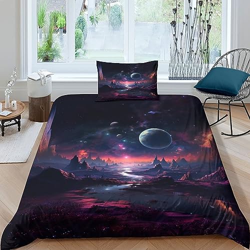 AYSUM Galaxy Planet Bedding Set Kissenbezug Universe Bettdeckenbezug Verstecktes Scharnier Bettbezug Atmungsaktiv Duvet Cover Set Baumwolle Steppdeckenbezug Single（135x200cm） von AYSUM