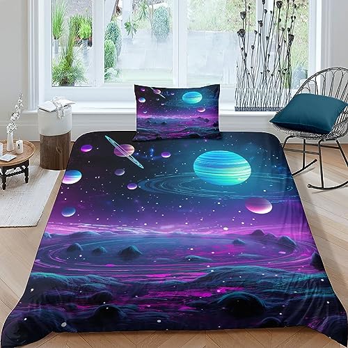 AYSUM Galaxy Planet Bettbezug Baumwolle Universe Steppdeckenbezug Reißverschluss Bed Linen Set Luxuriös Bettdeckenbezug Zip-Verschluss Bettwäsche Set Mit Kopfkissenbezügen Single（135x200cm） von AYSUM