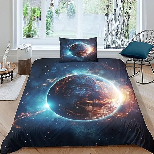 AYSUM Galaxy Planet Bettwäsche Set Satin Universe Bettdeckenbezug Luxuriös Bedding Set Schlafhilfe Bettbezug Atmungsaktiv Steppdeckenbezug Für Jungen Und Mädchen Single（135x200cm） von AYSUM